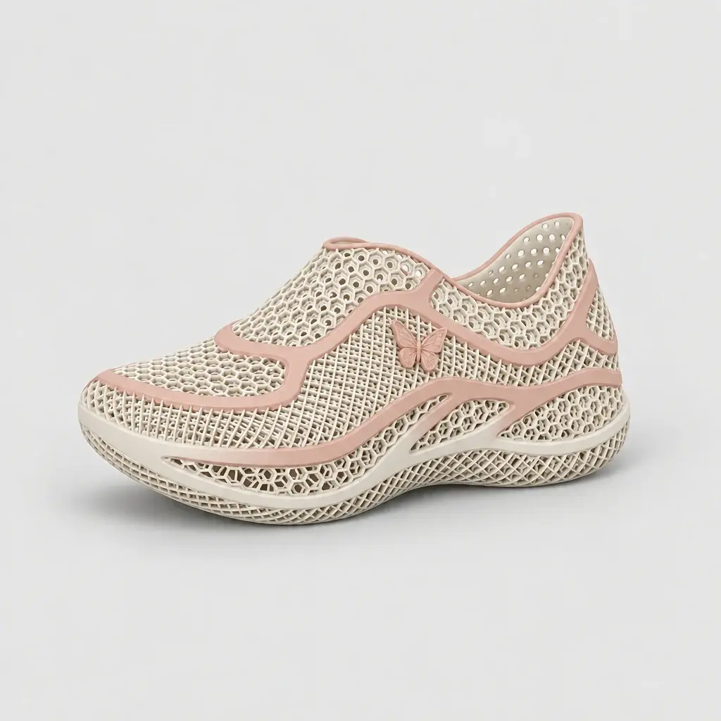 Sneaker Onde ivoire et rose poudré avec un papillon en relief sur le côté