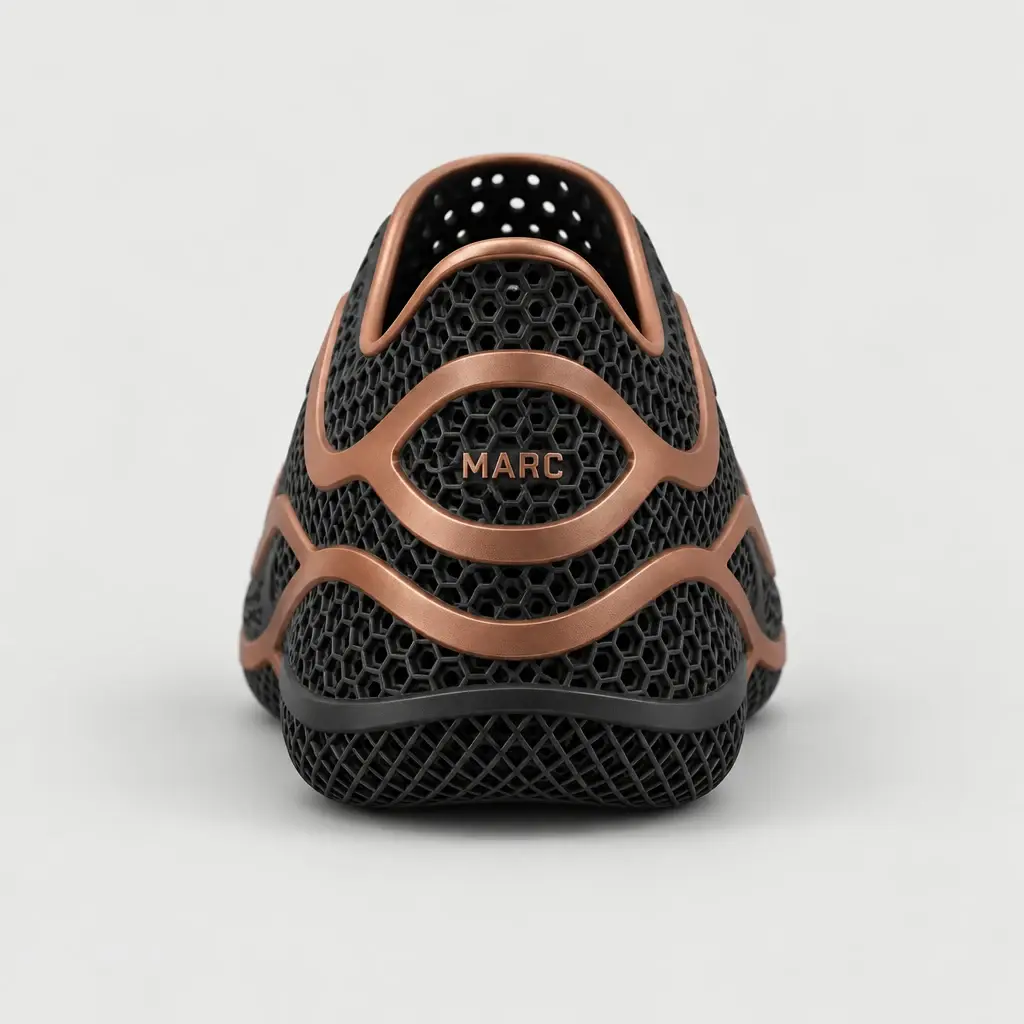 Talon d’une sneaker Onde noir et cuivre avec le prénom Marc gravé